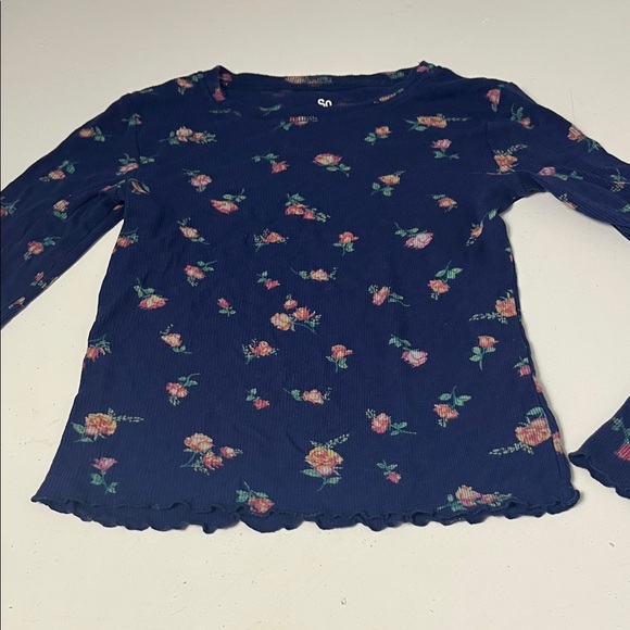 SO Tops - SO Medium Navy Blue Long Sleeve Floral Print Lettuce Edge Hem Stretchy Blouse
